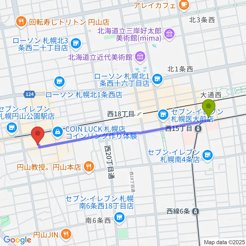 西１５丁目駅から札幌リボルバー909へのルートマップ地図