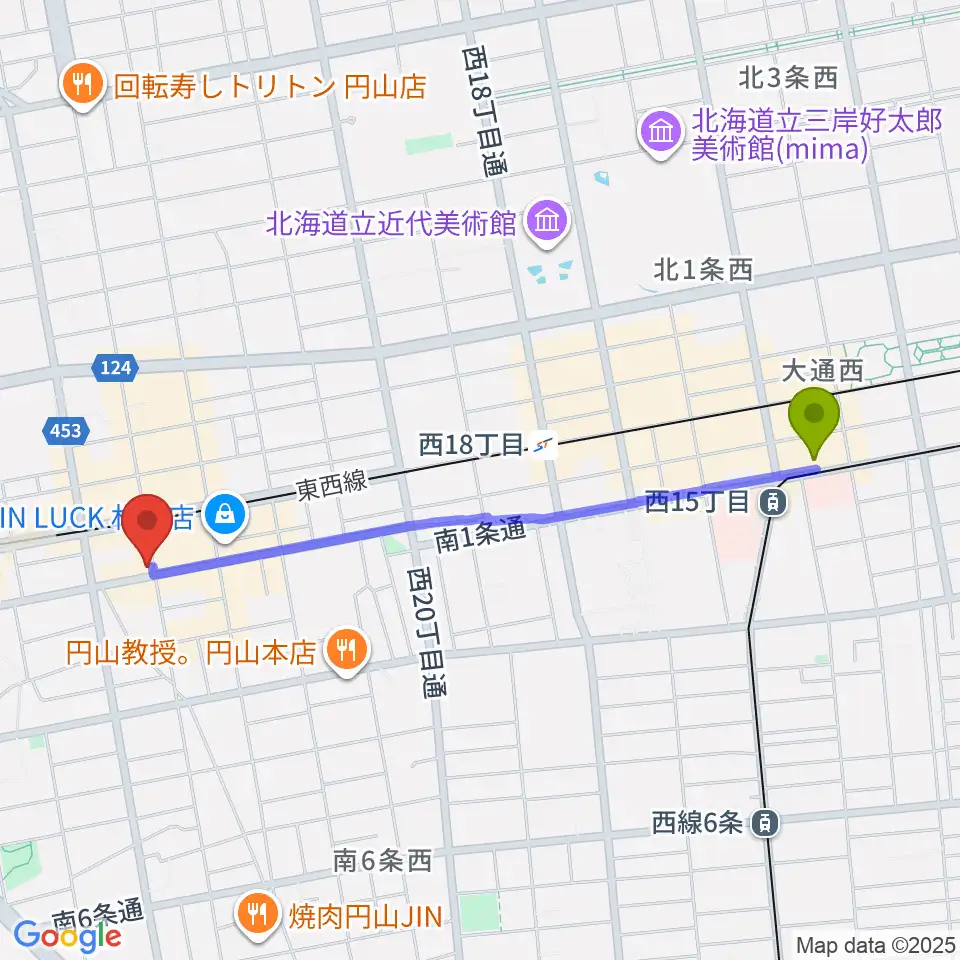 西１５丁目駅から札幌リボルバー909へのルートマップ地図