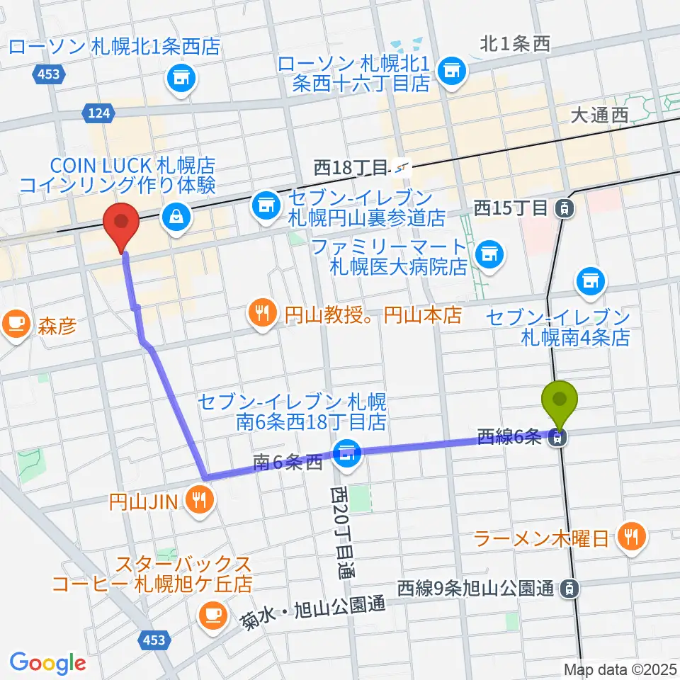 西線６条駅から札幌リボルバー909へのルートマップ地図