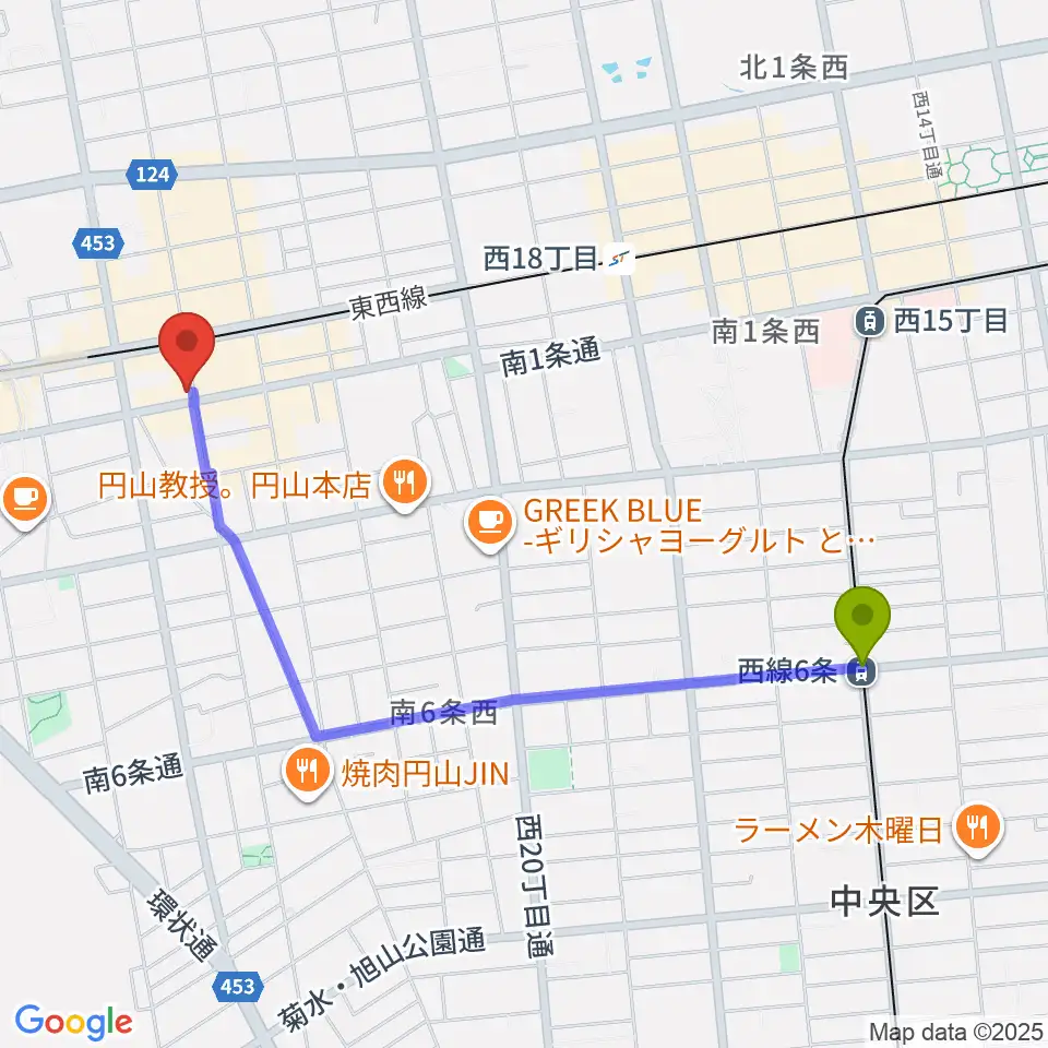 西線６条駅から札幌リボルバー909へのルートマップ地図