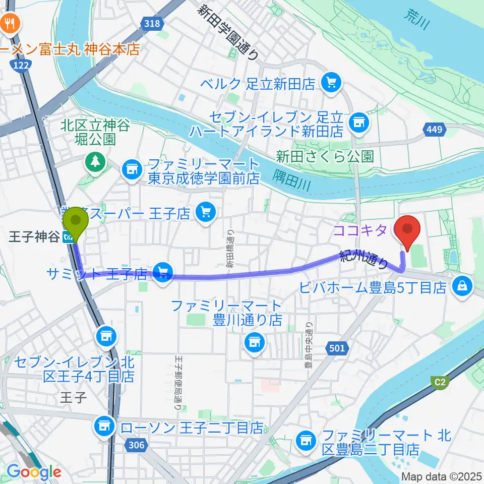 ココキタの最寄駅王子神谷駅からの徒歩ルート（約21分）地図