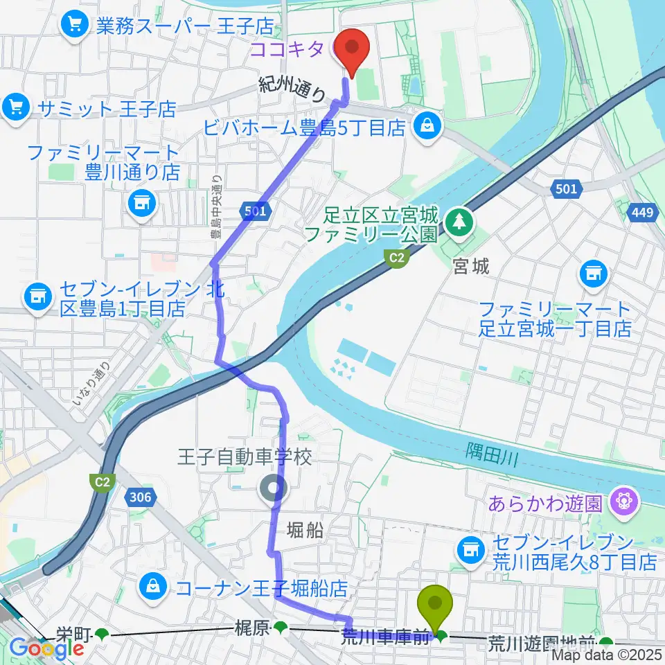 荒川車庫前駅からココキタへのルートマップ地図