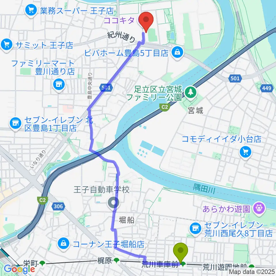 荒川車庫前駅からココキタへのルートマップ地図