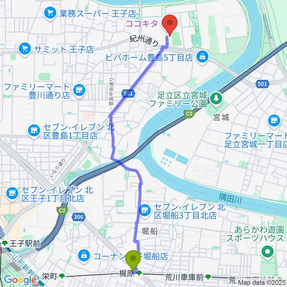 梶原駅からココキタへのルートマップ地図