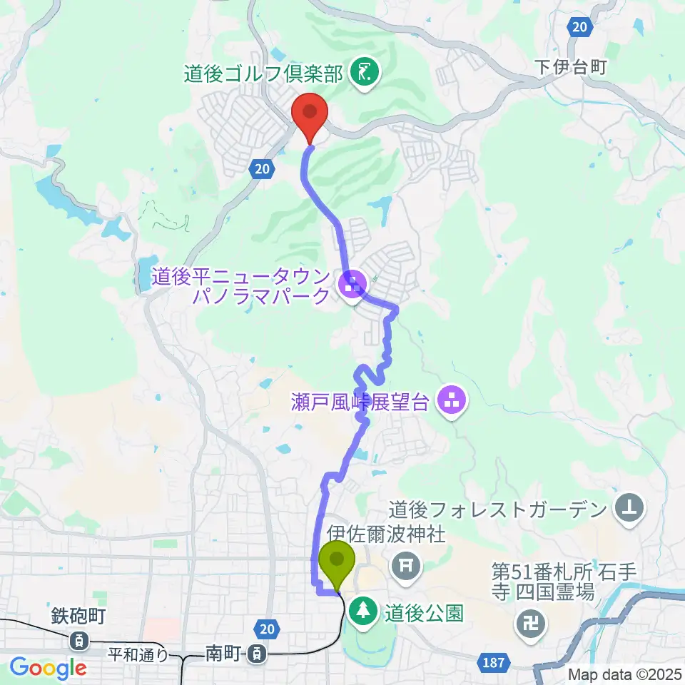 SOLIANIの最寄駅道後温泉駅からの徒歩ルート（約41分）地図