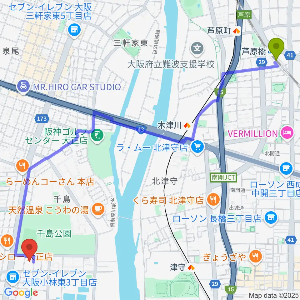 芦原橋駅からアゼリア大正ホールへのルートマップ地図