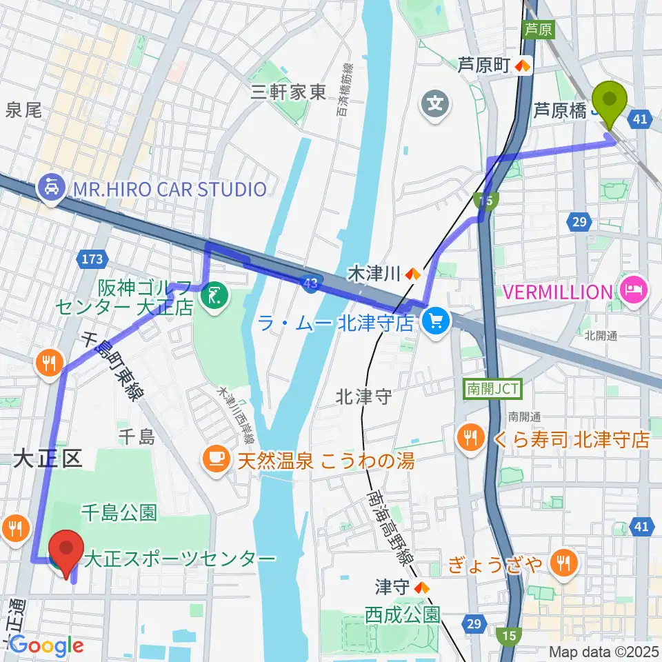 芦原橋駅からアゼリア大正ホールへのルートマップ地図