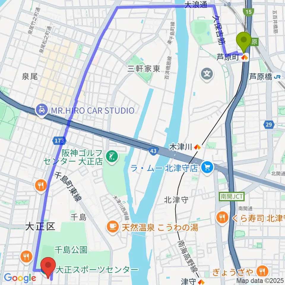 芦原町駅からアゼリア大正ホールへのルートマップ地図