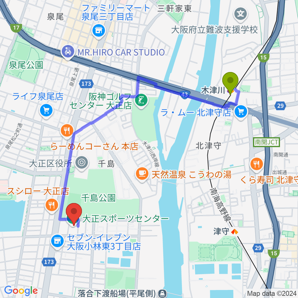 木津川駅からアゼリア大正ホールへのルートマップ地図