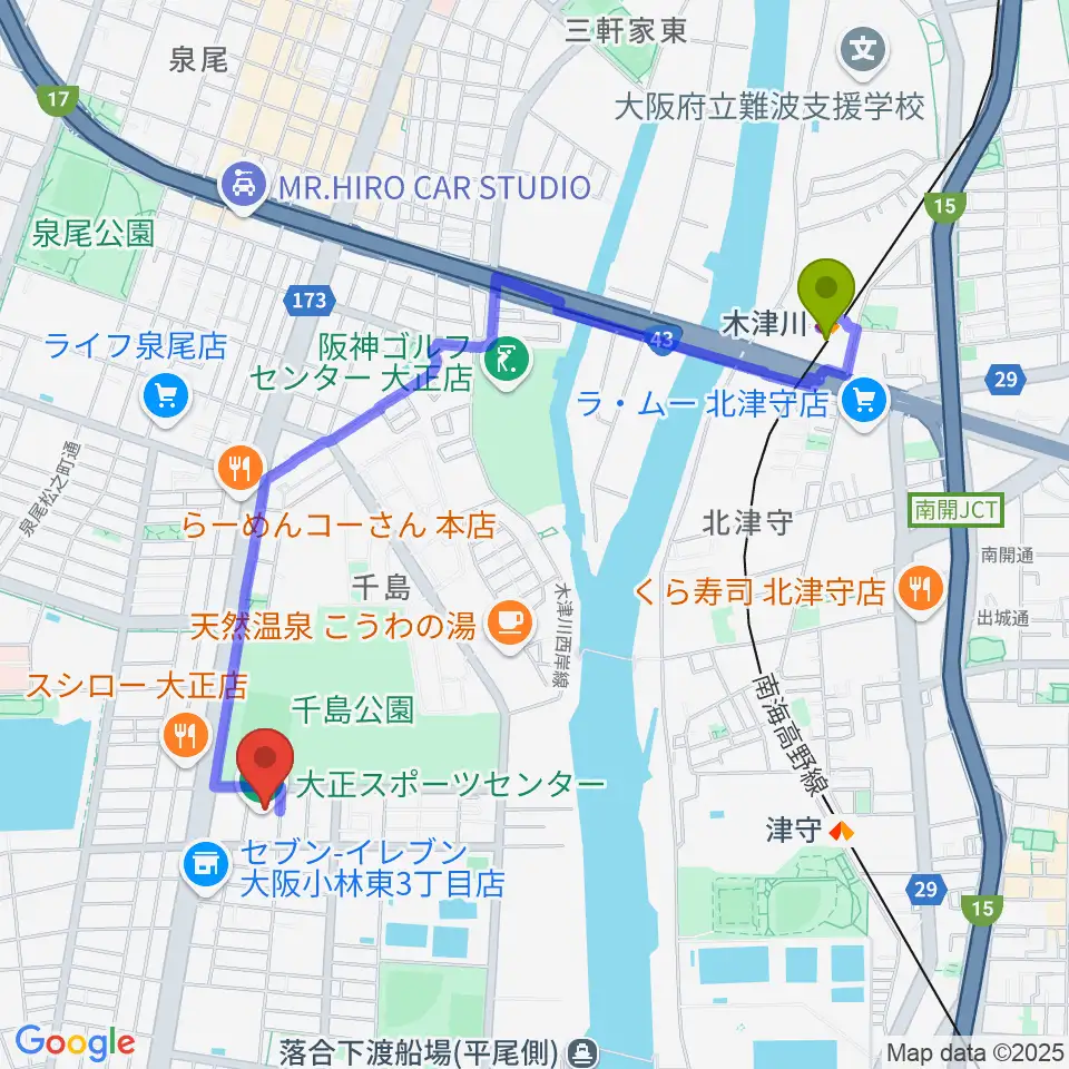 木津川駅からアゼリア大正ホールへのルートマップ地図