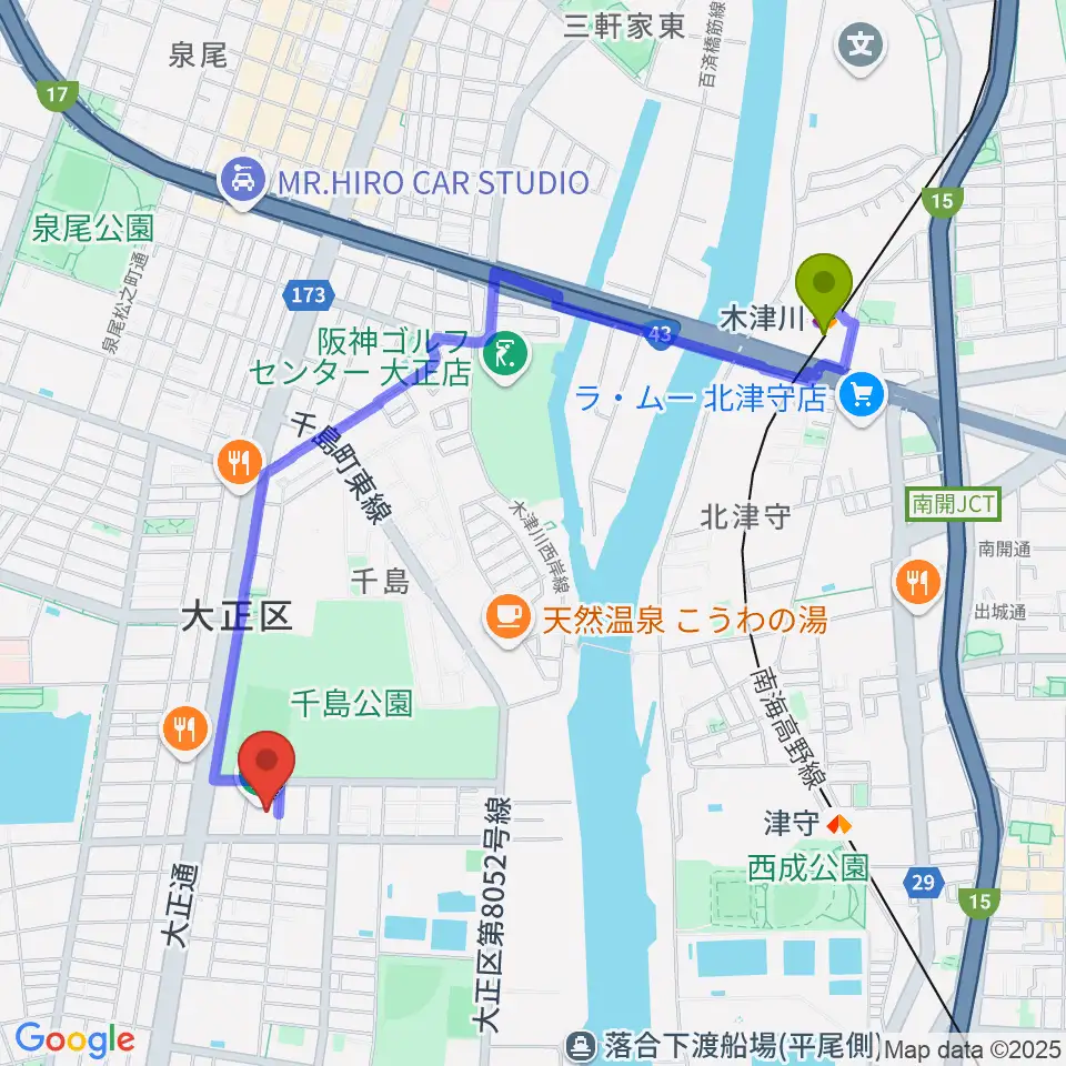 木津川駅からアゼリア大正ホールへのルートマップ地図