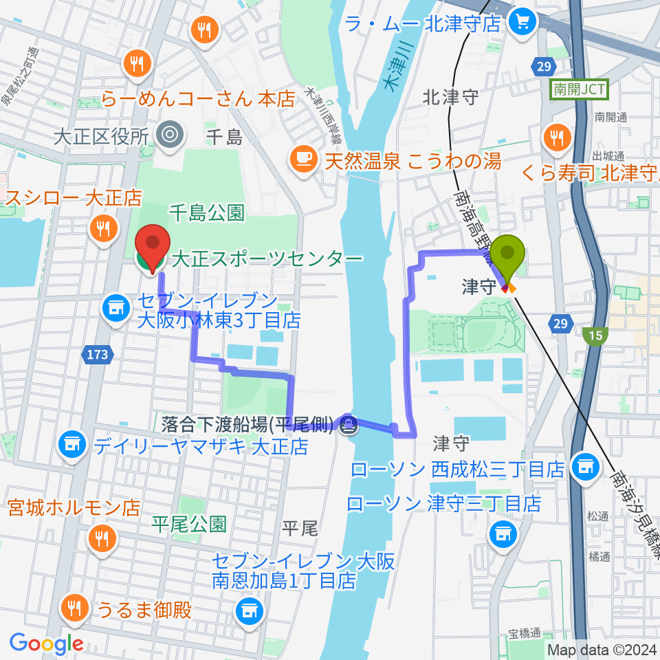 アゼリア大正ホールの最寄駅津守駅からの徒歩ルート（約17分）地図