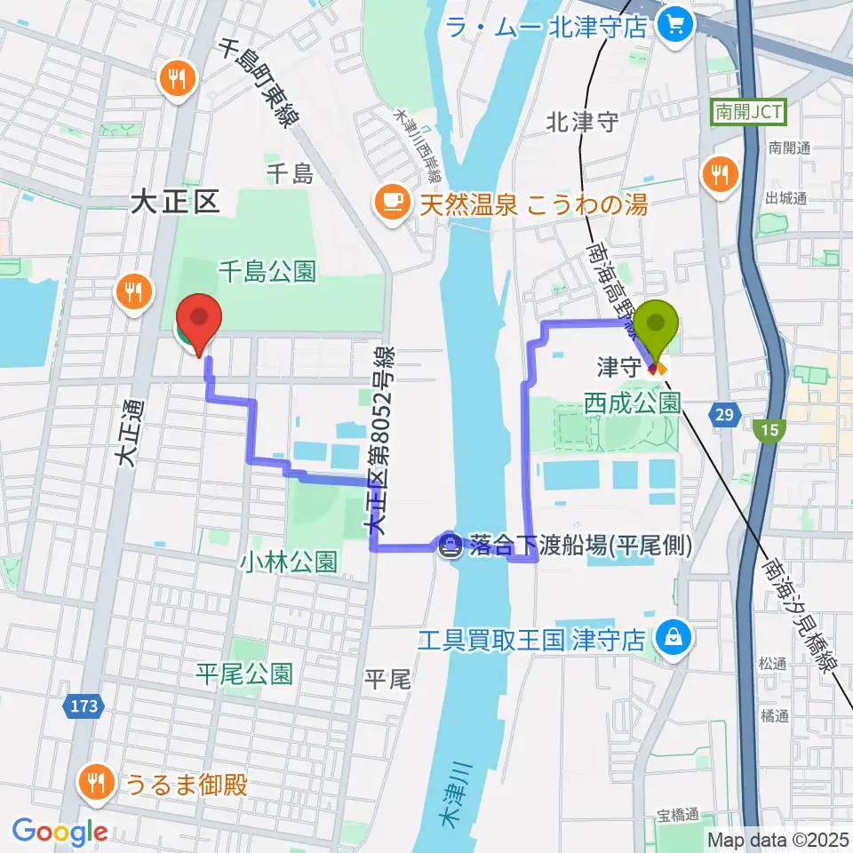 アゼリア大正ホールの最寄駅津守駅からの徒歩ルート（約17分）地図