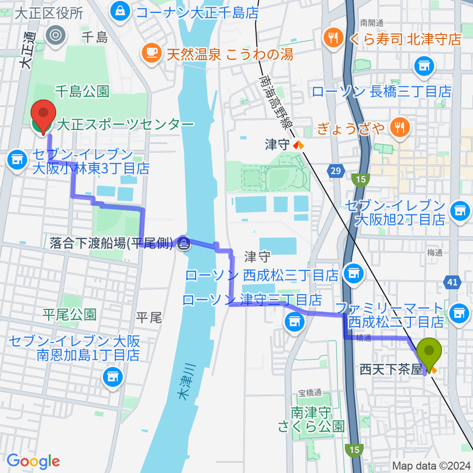 西天下茶屋駅からアゼリア大正ホールへのルートマップ地図