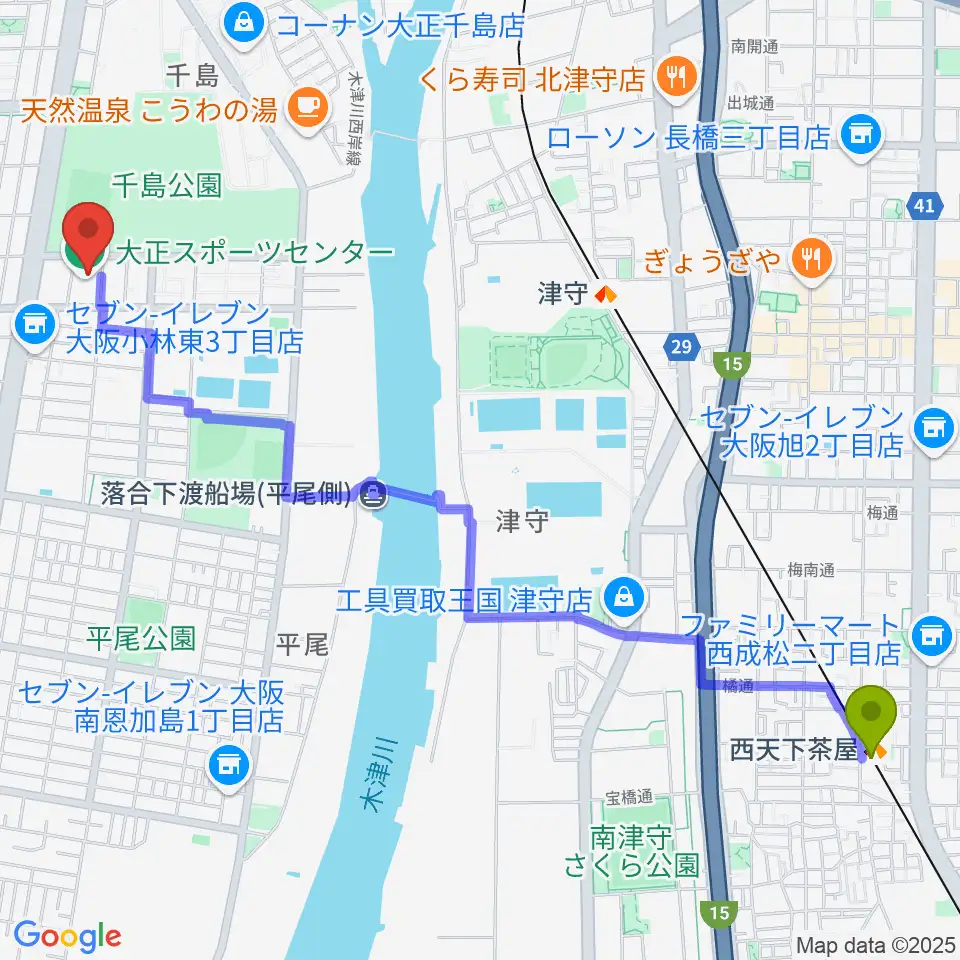 西天下茶屋駅からアゼリア大正ホールへのルートマップ地図