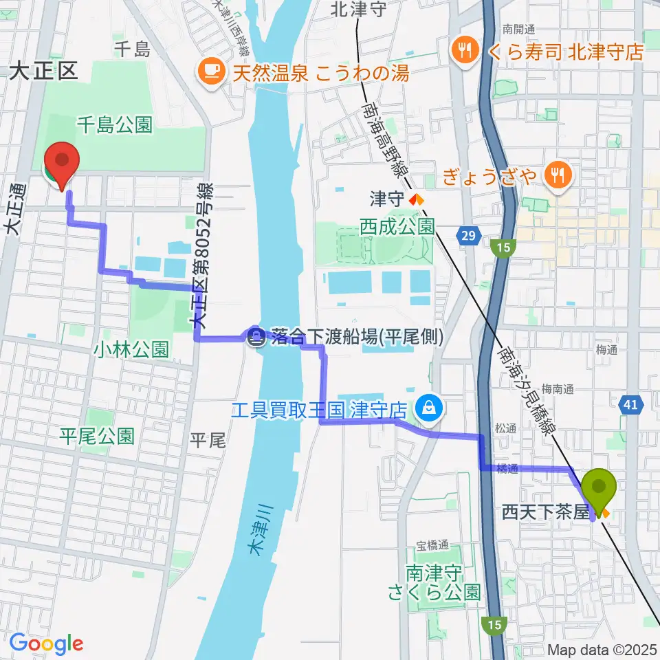 西天下茶屋駅からアゼリア大正ホールへのルートマップ地図