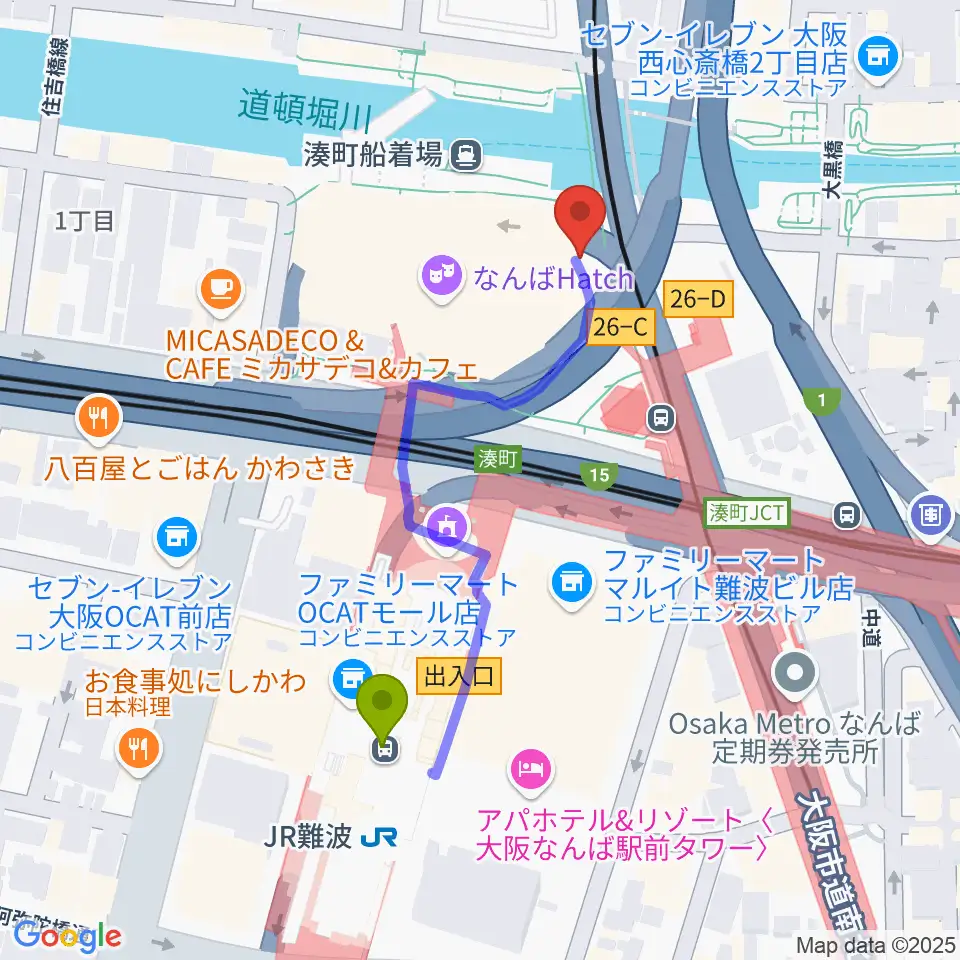 難波S.O.Ra.の最寄駅ＪＲ難波駅からの徒歩ルート（約4分）地図