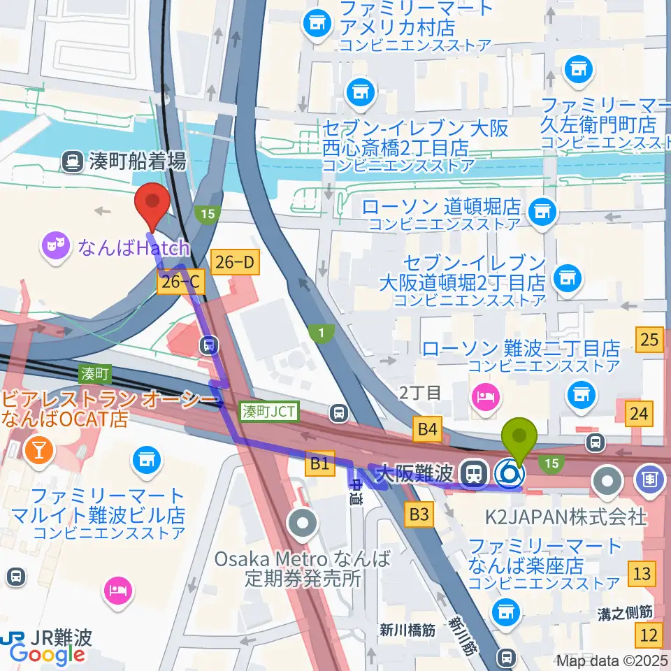 大阪難波駅から難波S.O.Ra.へのルートマップ地図