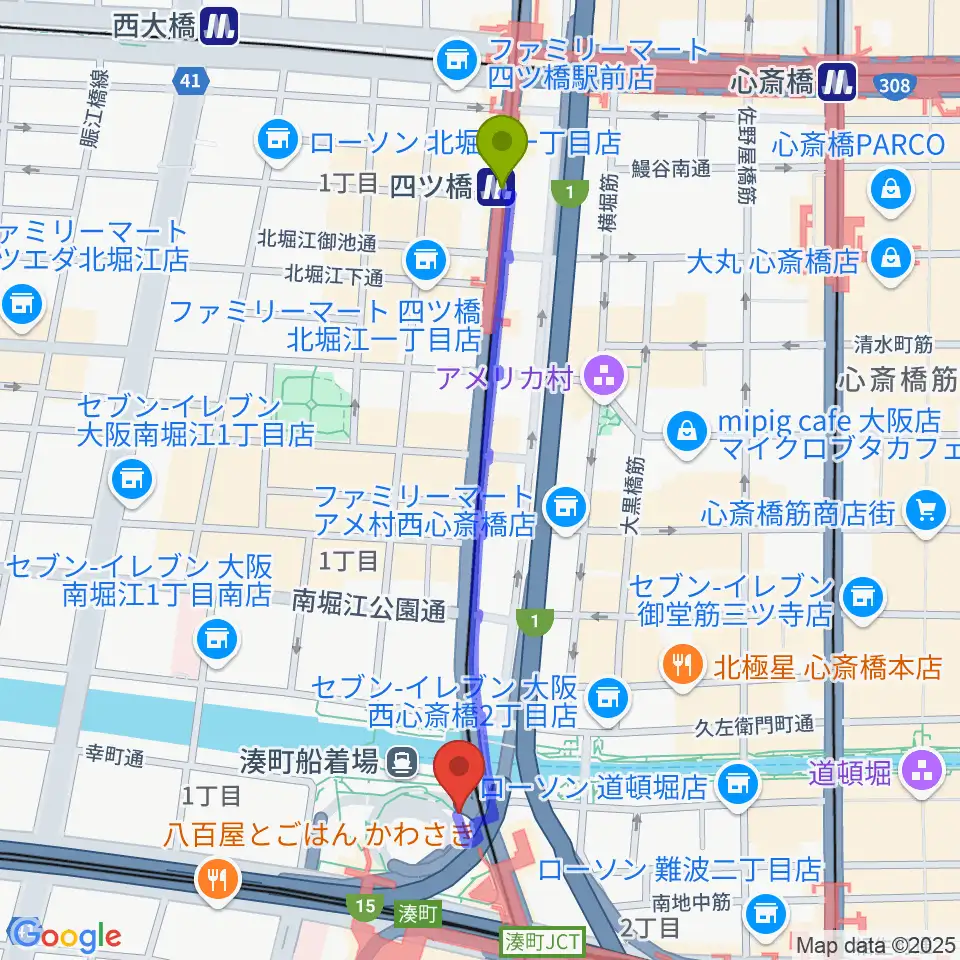 四ツ橋駅から難波S.O.Ra.へのルートマップ地図