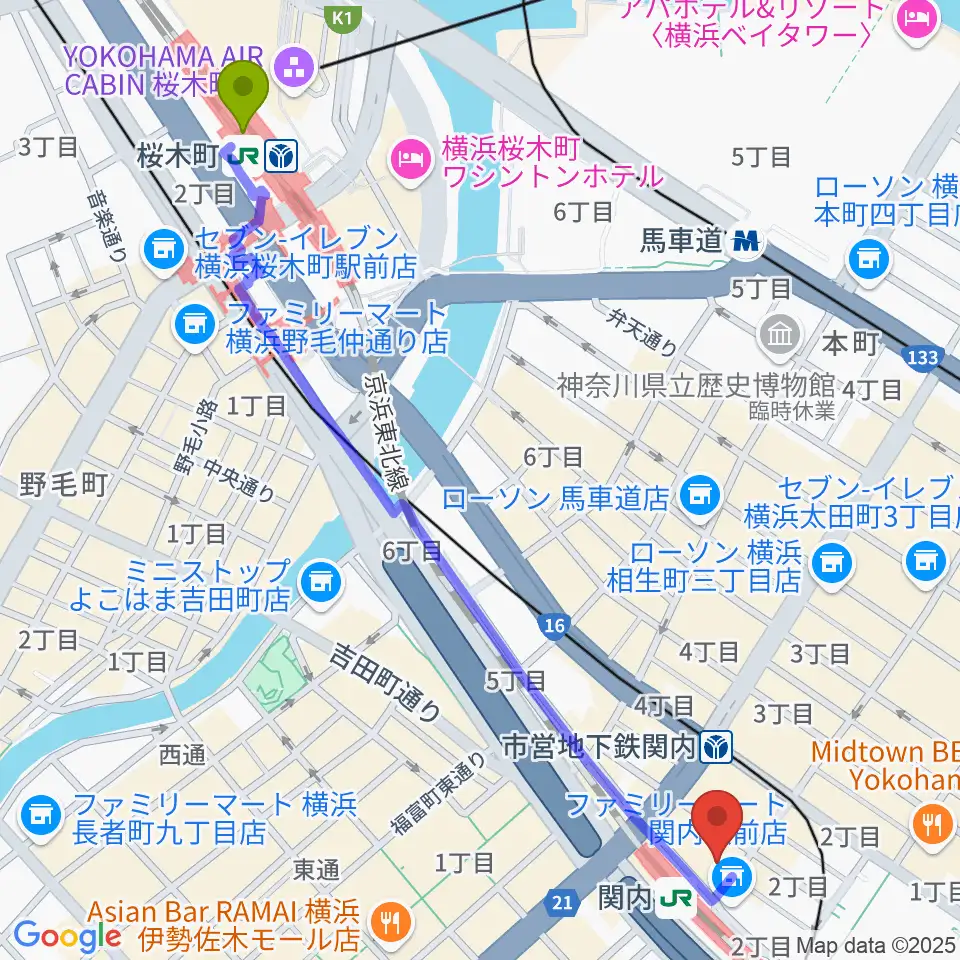 桜木町駅から横浜B.B.STREETへのルートマップ地図