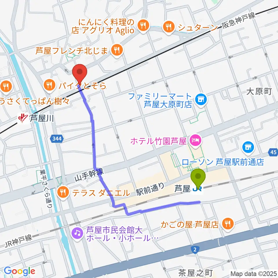 芦屋駅から芦屋サロン・クラシックへのルートマップ地図