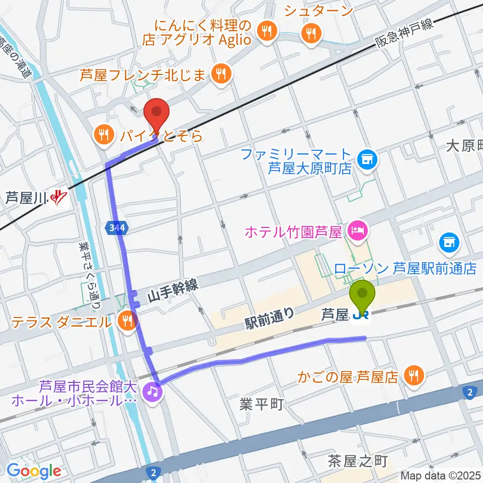 芦屋駅から芦屋サロン・クラシックへのルートマップ地図