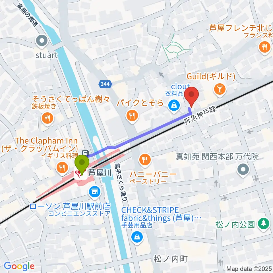 芦屋サロン・クラシックの最寄駅芦屋川駅からの徒歩ルート（約4分）地図