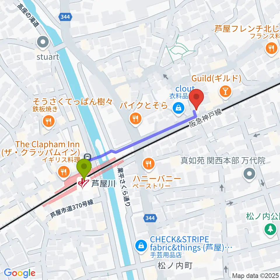 芦屋サロン・クラシックの最寄駅芦屋川駅からの徒歩ルート（約4分）地図