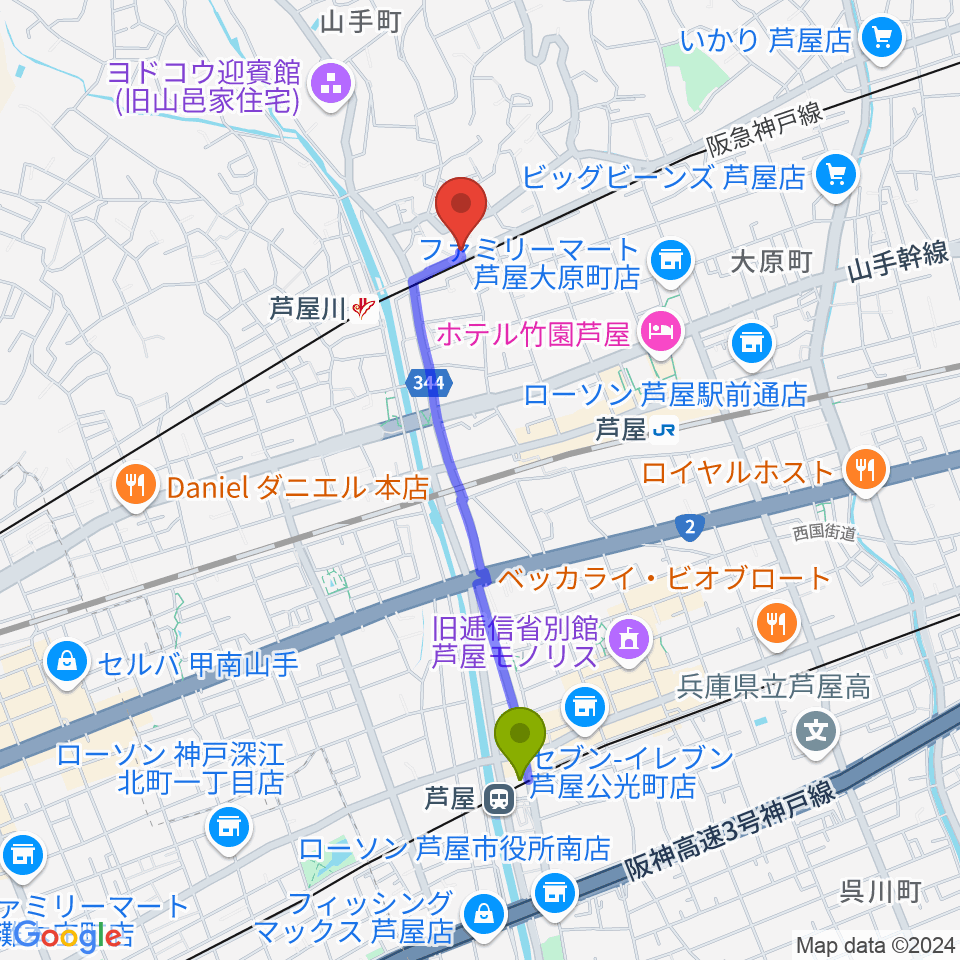 芦屋駅から芦屋サロン・クラシックへのルートマップ地図