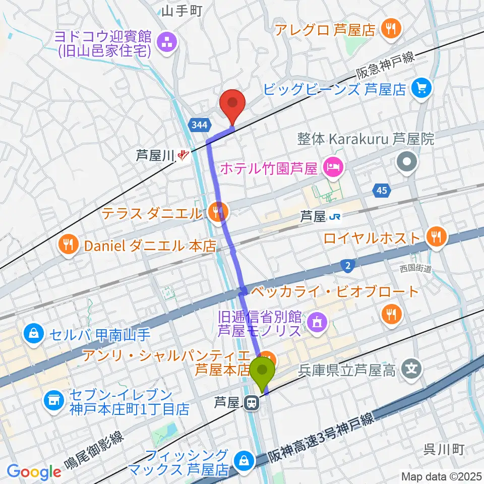 芦屋駅から芦屋サロン・クラシックへのルートマップ地図