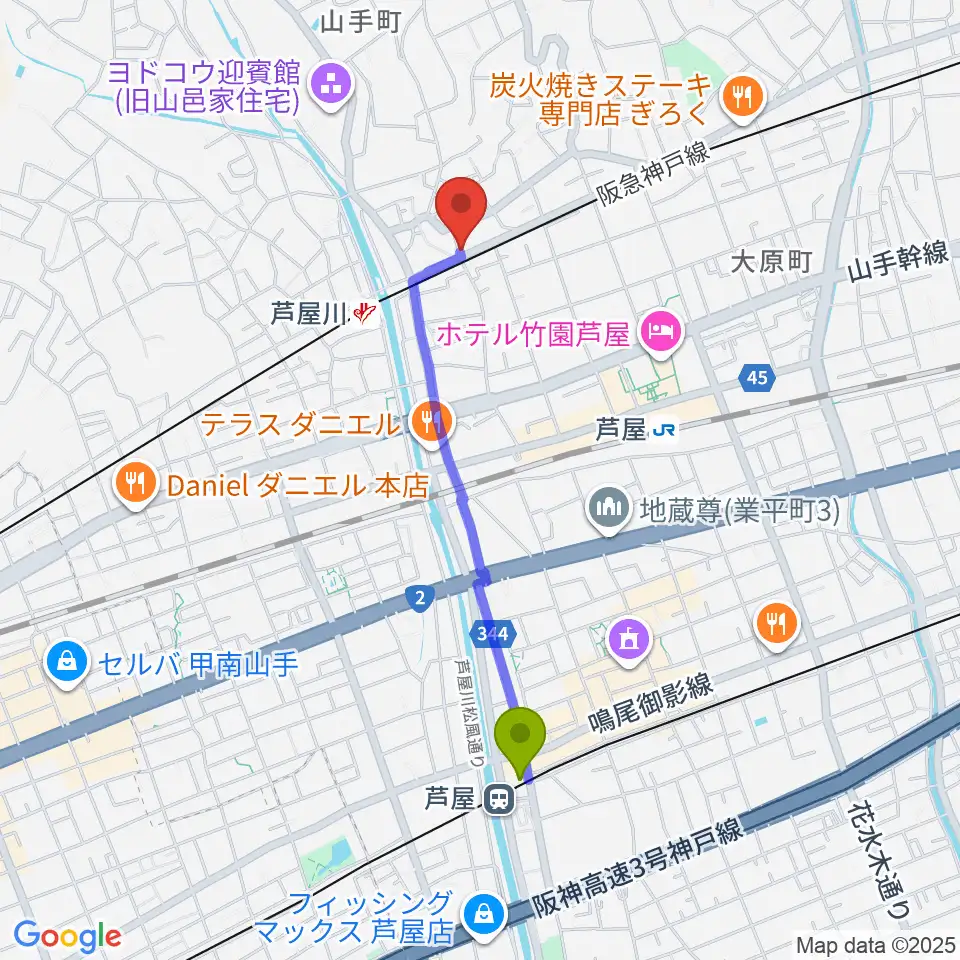 芦屋駅から芦屋サロン・クラシックへのルートマップ地図