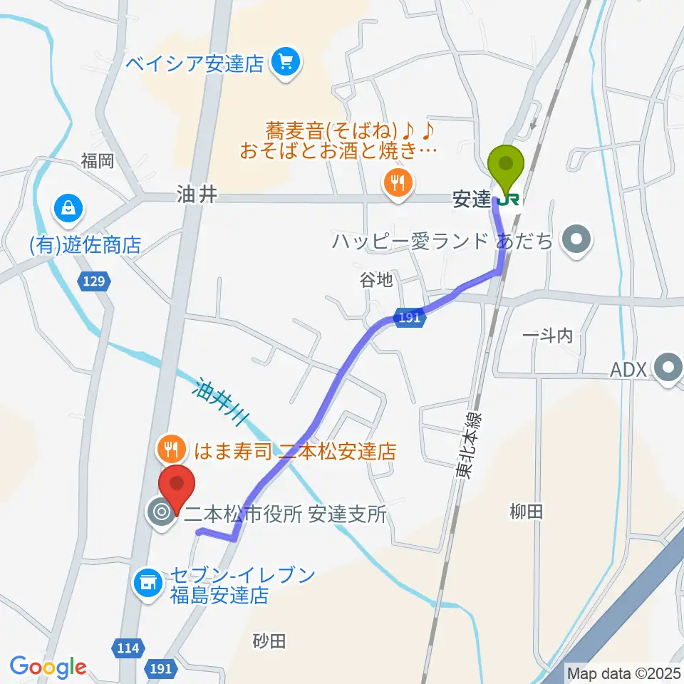 二本松市安達文化ホールの最寄駅安達駅からの徒歩ルート（約10分）地図