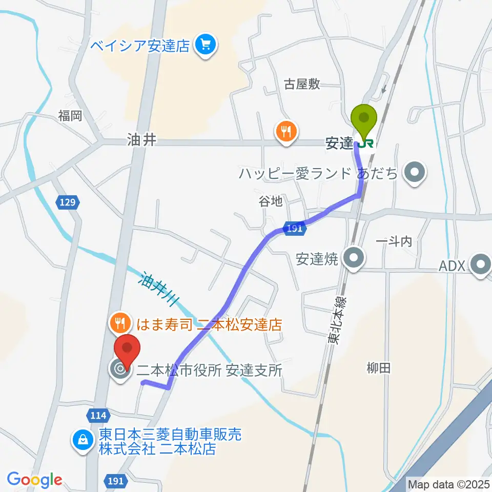 二本松市安達文化ホールの最寄駅安達駅からの徒歩ルート（約10分）地図