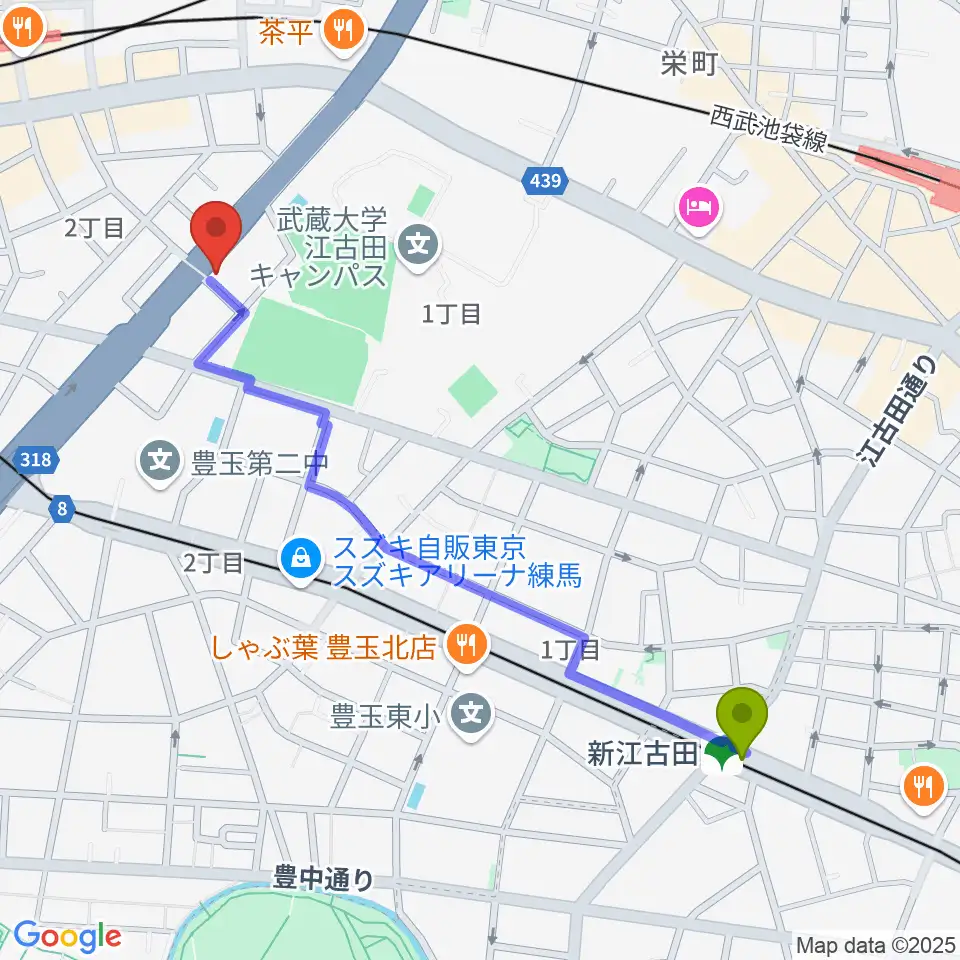 新江古田駅からトーン音楽教室 練馬桜台校へのルートマップ地図