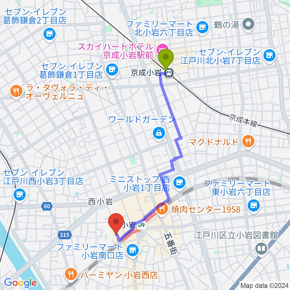 京成小岩駅から音楽教室ミュージックベア小岩校へのルートマップ地図