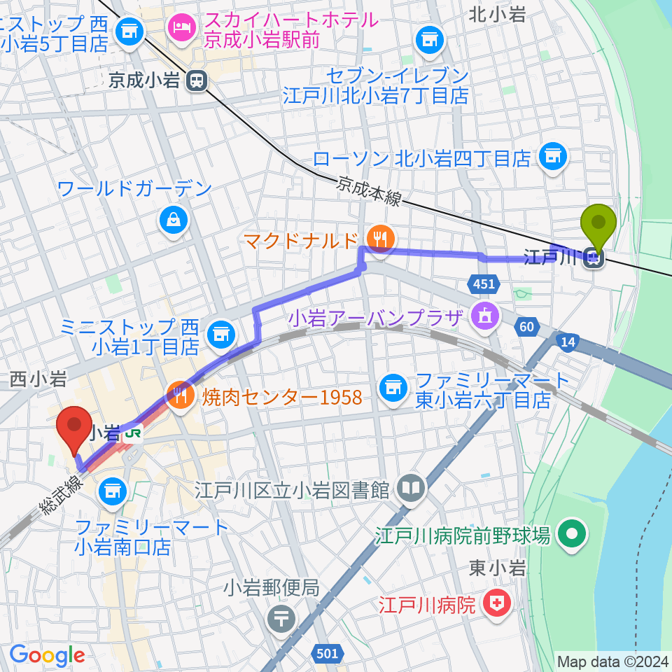 江戸川駅から音楽教室ミュージックベア小岩校へのルートマップ地図