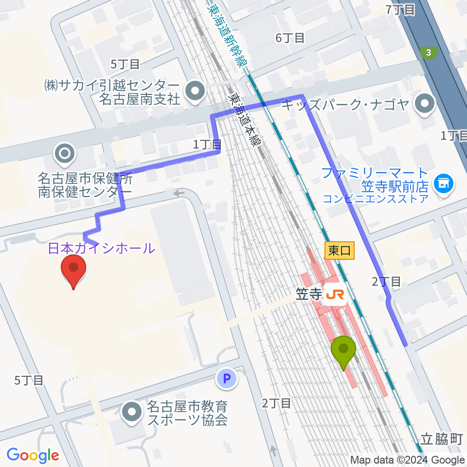 日本ガイシホールの最寄駅笠寺駅からの徒歩ルート（約5分）地図