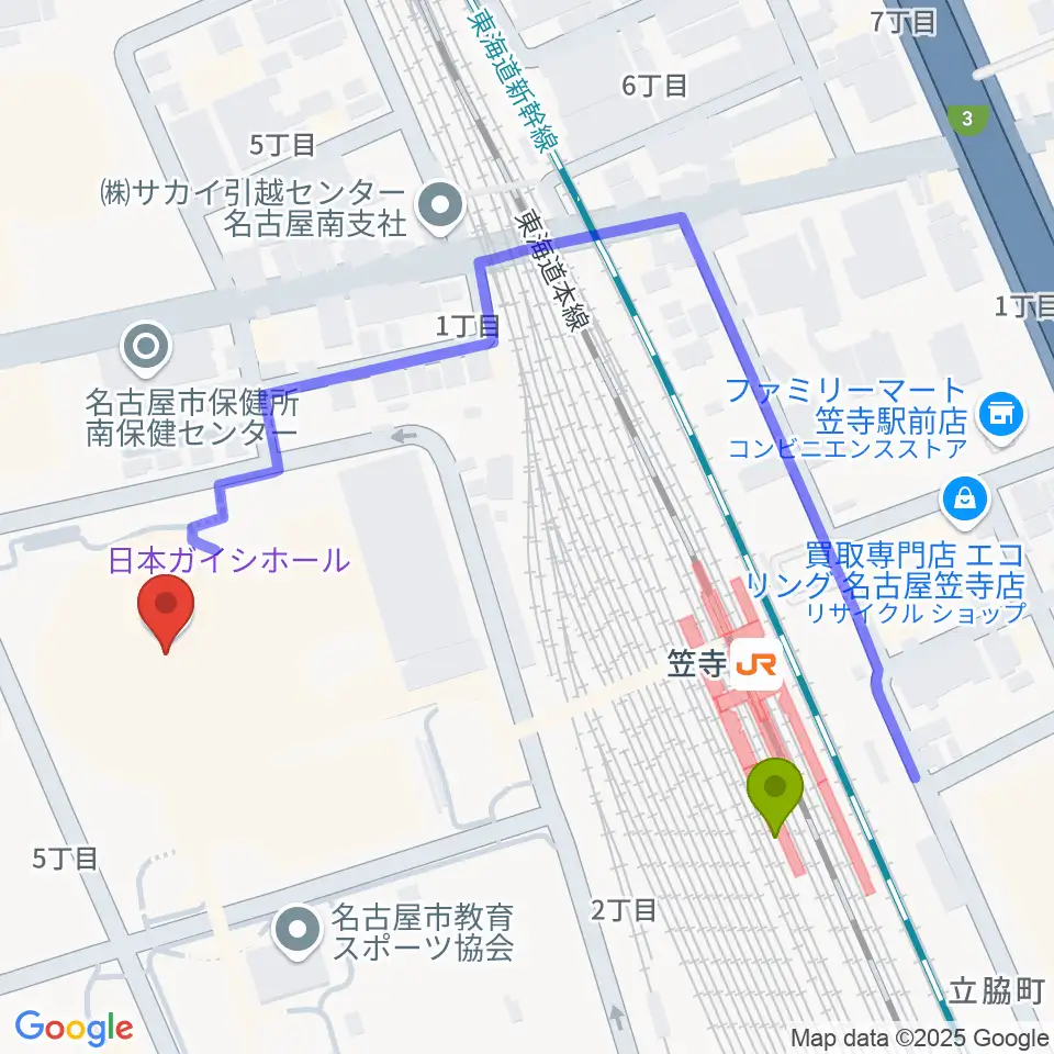 日本ガイシホールの最寄駅笠寺駅からの徒歩ルート（約5分）地図