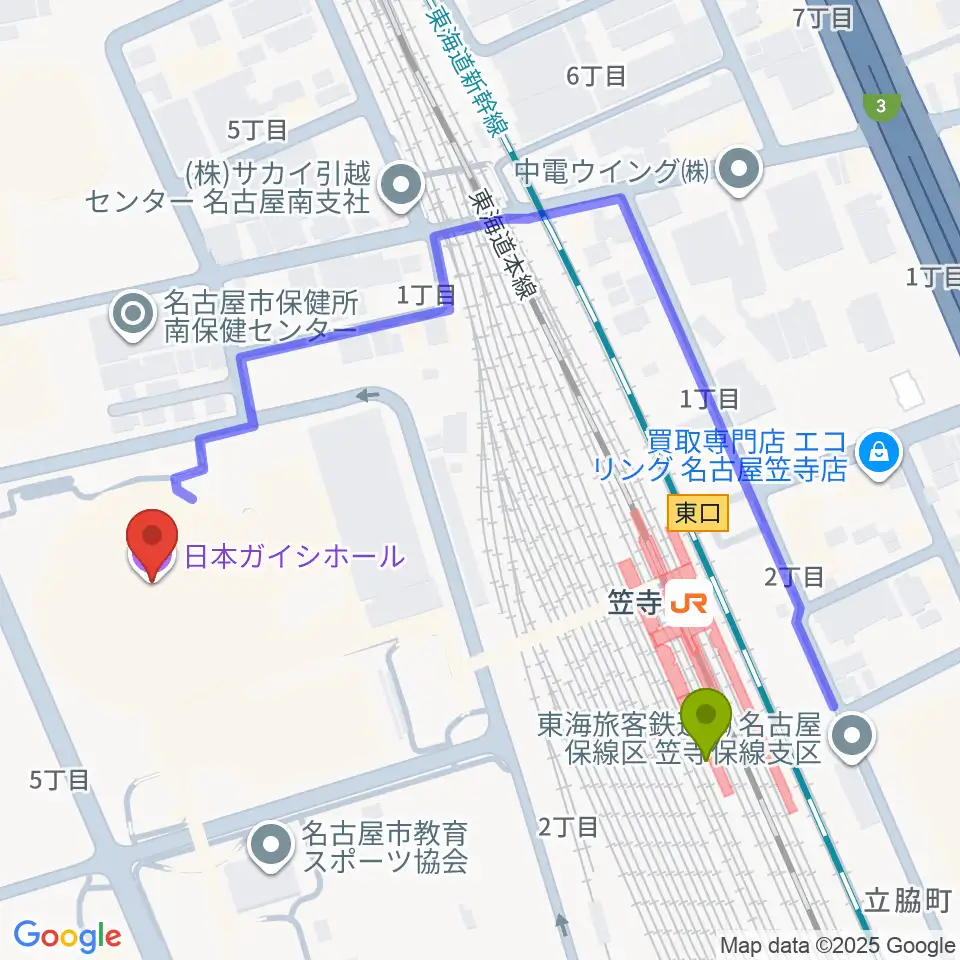 日本ガイシホールの最寄駅笠寺駅からの徒歩ルート（約5分）地図