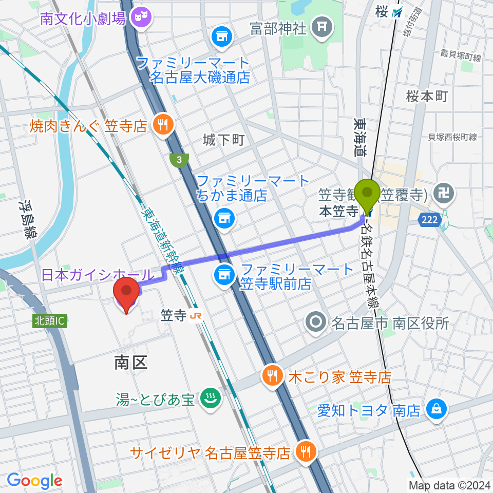 本笠寺駅から日本ガイシホールへのルートマップ地図