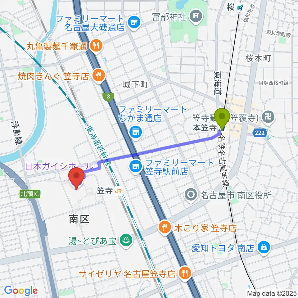 本笠寺駅から日本ガイシホールへのルートマップ地図