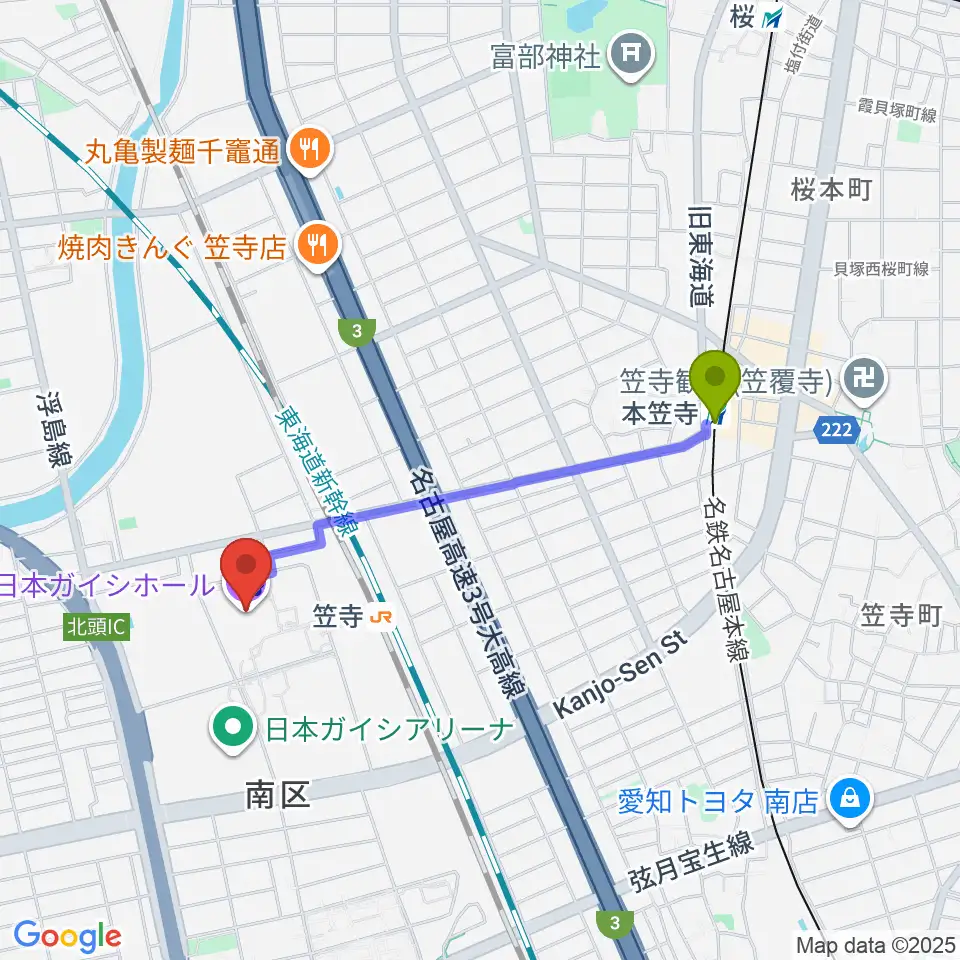 本笠寺駅から日本ガイシホールへのルートマップ地図