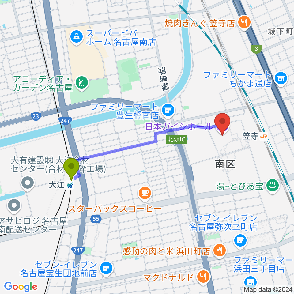 大江駅から日本ガイシホールへのルートマップ地図