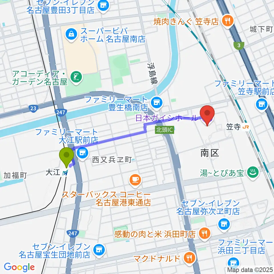 大江駅から日本ガイシホールへのルートマップ地図