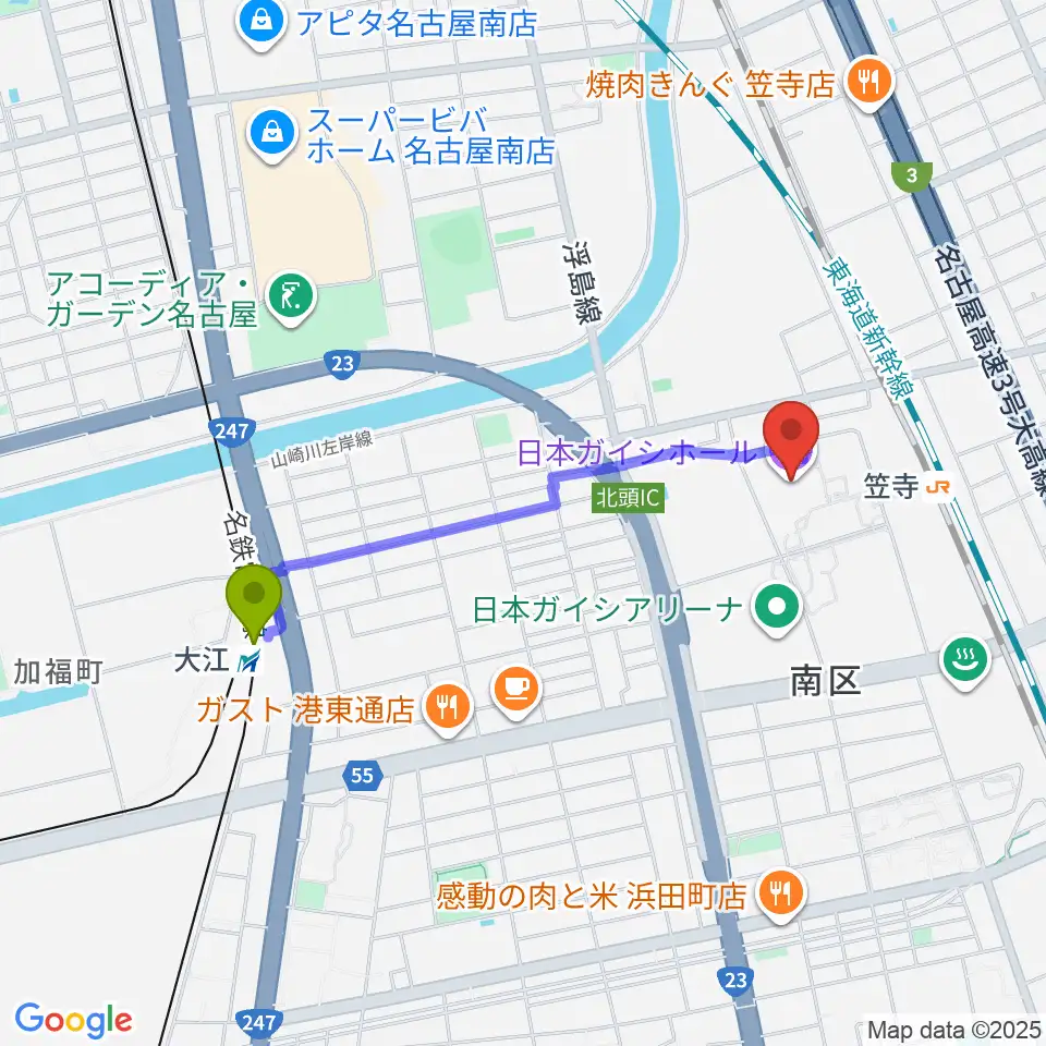 大江駅から日本ガイシホールへのルートマップ地図