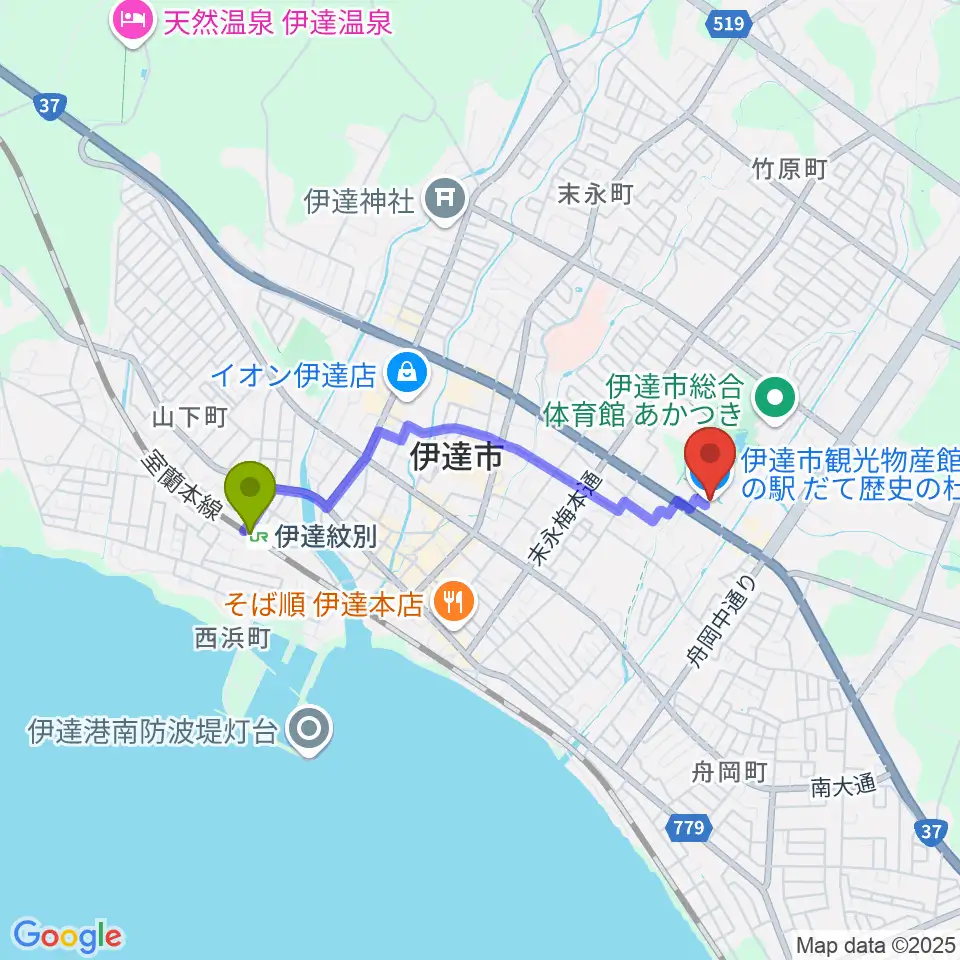 wi-radioの最寄駅伊達紋別駅からの徒歩ルート（約27分）地図