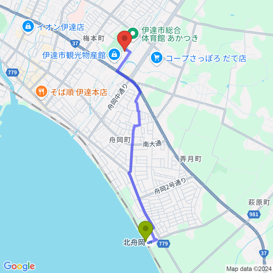 北舟岡駅からwi-radio（ワイラジオ）へのルートマップ地図