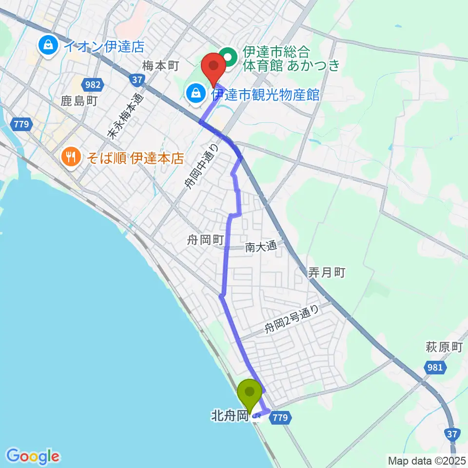 北舟岡駅からwi-radio（ワイラジオ）へのルートマップ地図