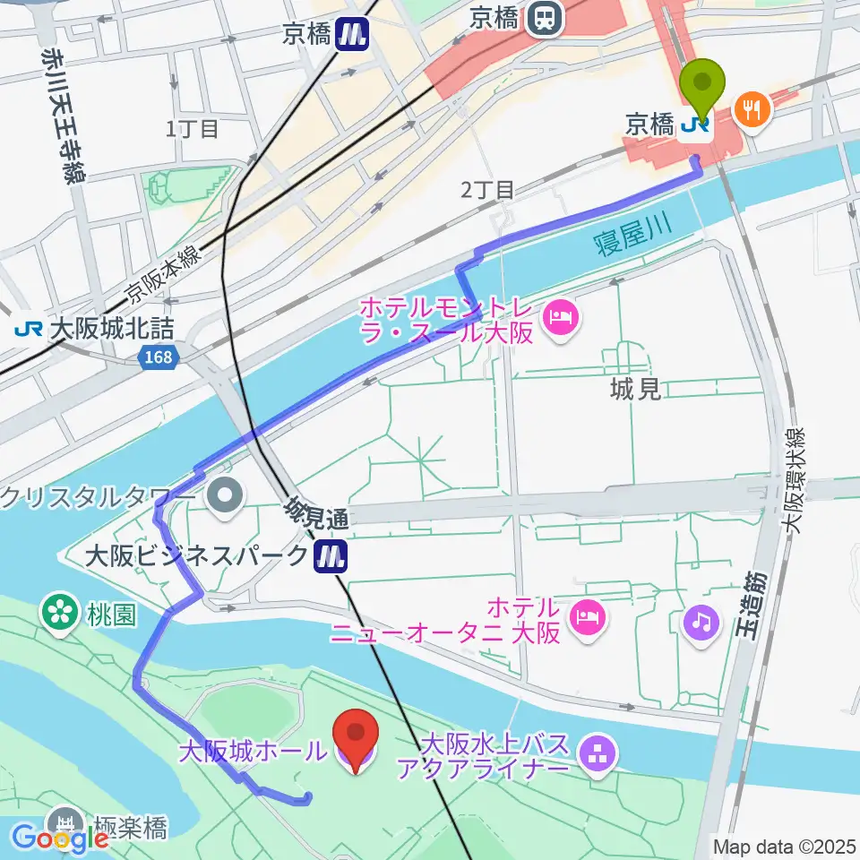 京橋駅から大阪城ホールへのルートマップ地図