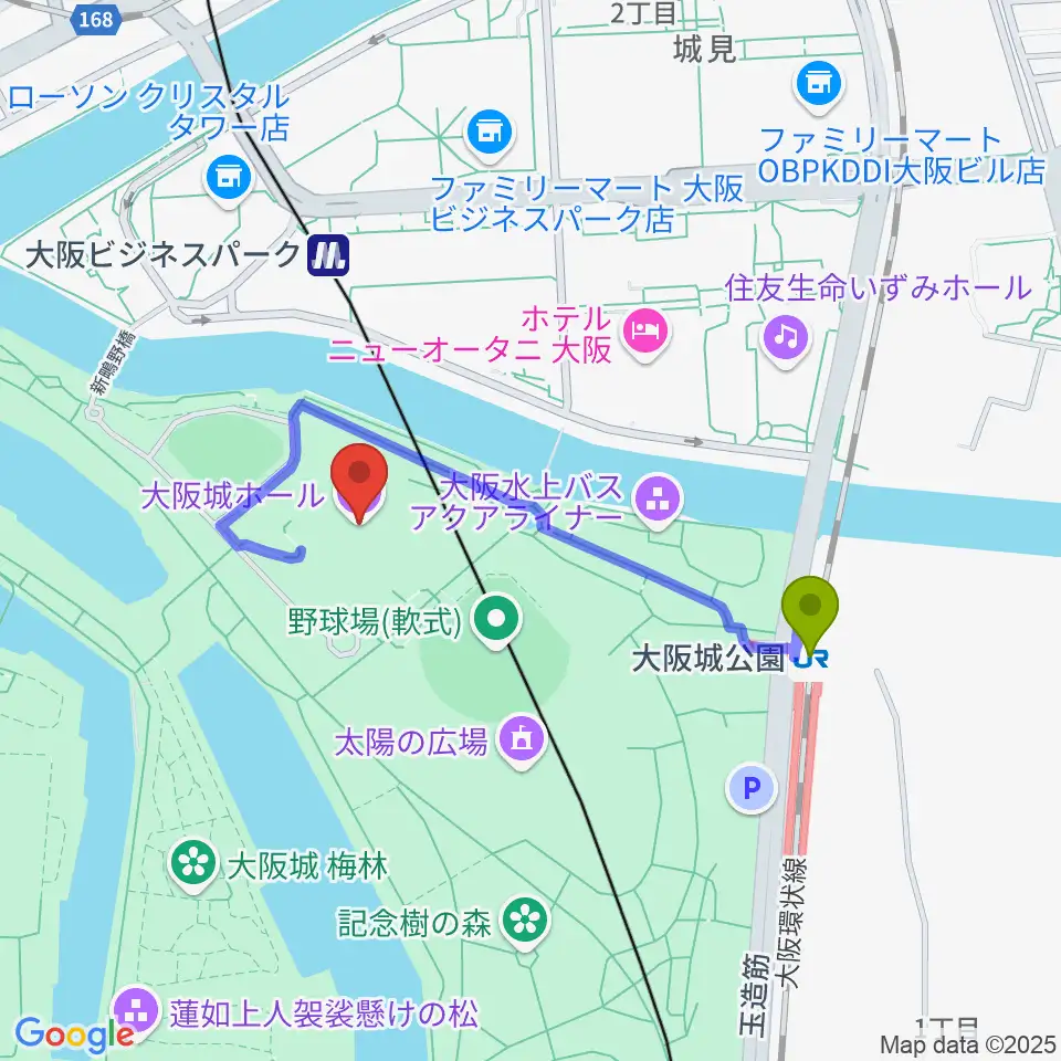 大阪城公園駅から大阪城ホールへのルートマップ地図